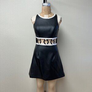 Vintage Y2K 2000s Mod 60s Style GoGo Faux Leather Cut Out Black Mini Dress M-L